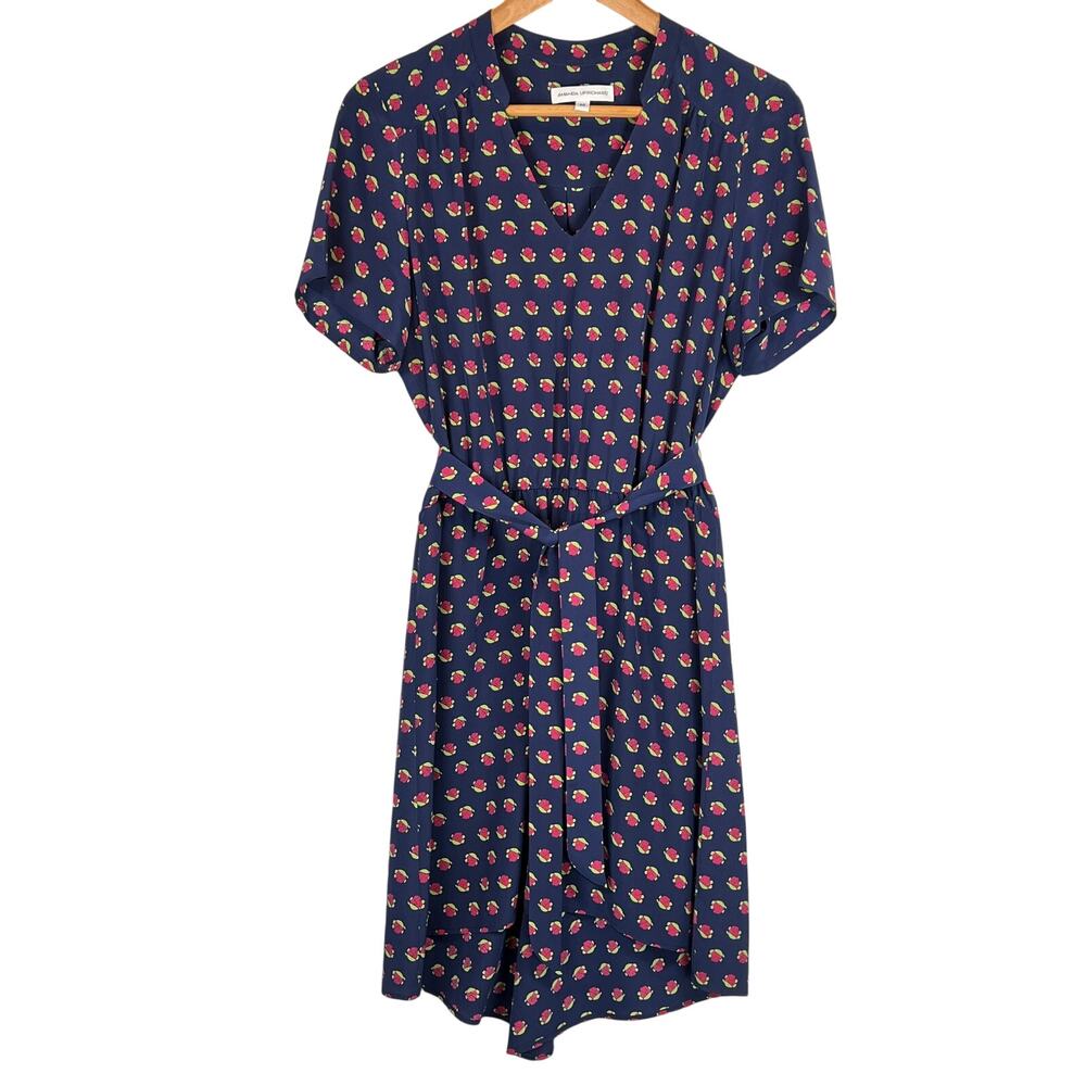 Amanda Uprichard Rose Print 100% Silk Dress Womens M Navy‎ Short Slv V Neck Belt